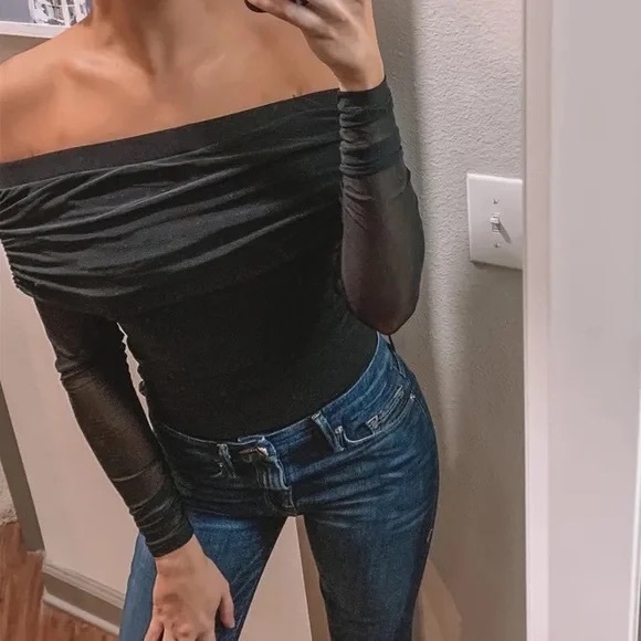 Lulu's Black Mesh Ruched Off-the-Shoulder Bodysuit, S - Picture 3 of 13